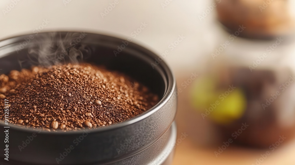 Freshly ground coffee with steam in a sunlit kitchen, Coffee grind steam, symbolizing morning rituals Freshly ground coffee with steam in a sunlit kitchen, Coffee grind steam, symbolizing morning rituals