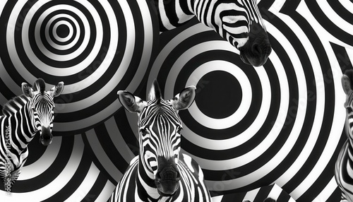 Zebras Grazing Against Hypnotic Black and White Spiral Background in Nature at Midday photo