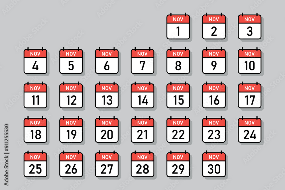 November Daily calendar in one group, red and white color calendar page with black outline, calendar date vector illustration set November Daily calendar in one group, red and white color calendar page with black outline, calendar date vector illustration set