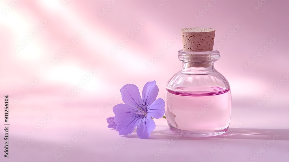 Glass bottle of perfume or essential oil, cork stopper, purple flower stem, light pink background, bright lighting, product photography, soft focus, delicate petals, transparent liquid. Glass bottle of perfume or essential oil, cork stopper, purple flower stem, light pink background, bright lighting, product photography, soft focus, delicate petals, transparent liquid.