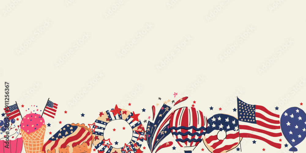 Fototapeta premium Hand drawn vector american patriotic border. Happy 4th of july concept.