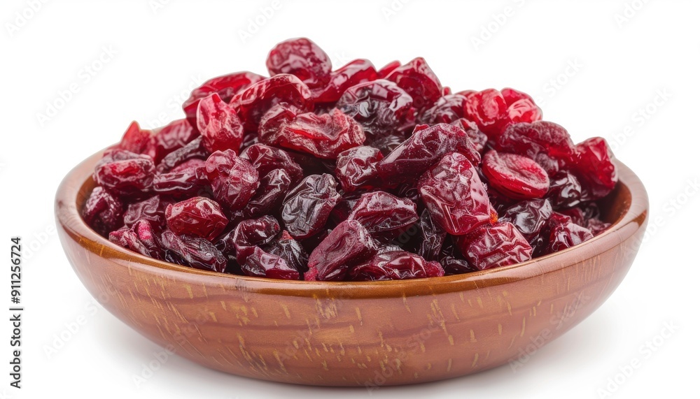 Dried Cranberries Nestled in a Wooden Bowl on a Bright Surface Dried Cranberries Nestled in a Wooden Bowl on a Bright Surface