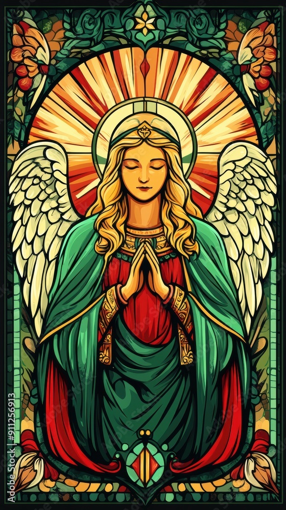 Stained Glass Angel with Praying Posture Stained Glass Angel with Praying Posture