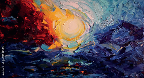 Landscape, oil painting: elements, sunset, mountains, sea waves. Abstract art. Vector illustration.
