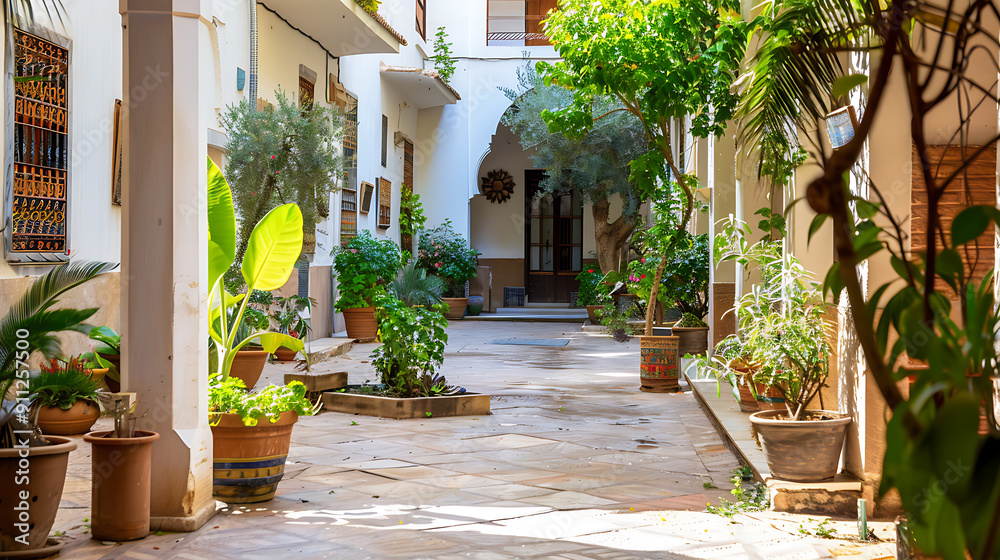 Peaceful green courtyard with white walls and terracotta pots for a relaxing Mediterranean escape.
Peaceful green courtyard with white walls and terracotta pots for a relaxing Mediterranean escape.
