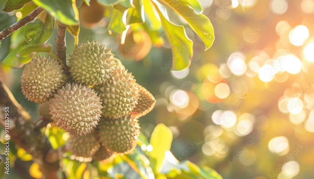Durian Fruits Hanging From A Tree Branch Under Bright Sunshine in a Tropical Garden Durian Fruits Hanging From A Tree Branch Under Bright Sunshine in a Tropical Garden