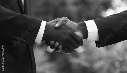 Two Business Professionals Engaging in a Firm Handshake Under Natural Light Outdoors photo