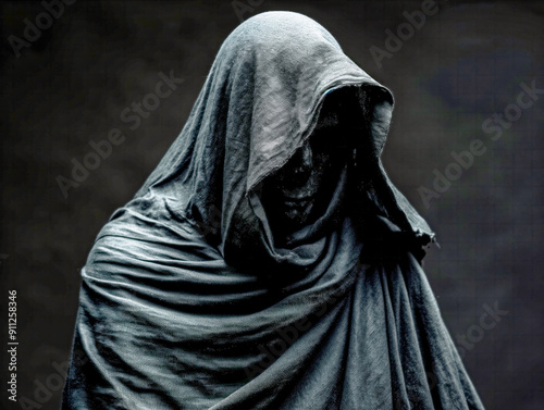 A statue of a person wearing a hooded cloak. The statue is dark and ominous, giving off a sense of mystery and fear