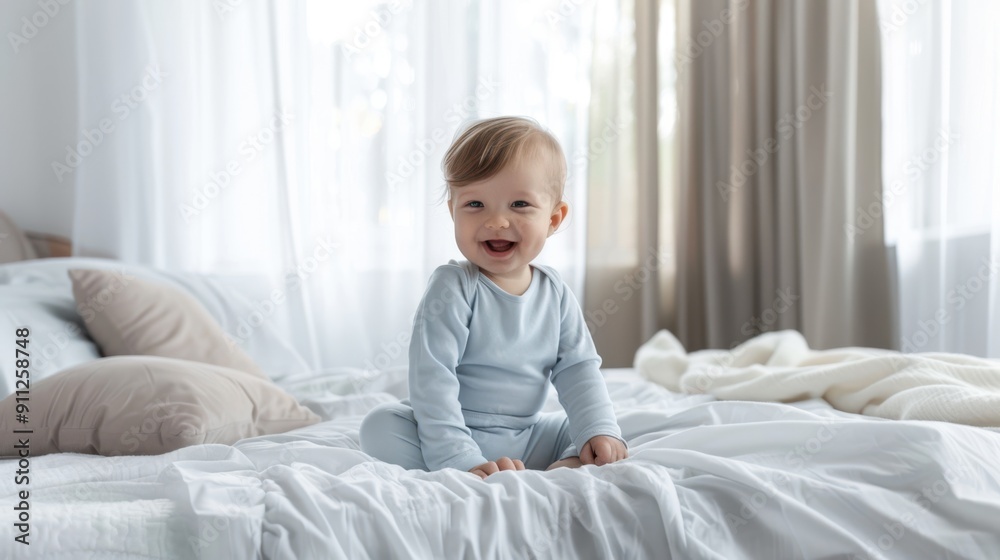 The smiling baby on bed The smiling baby on bed