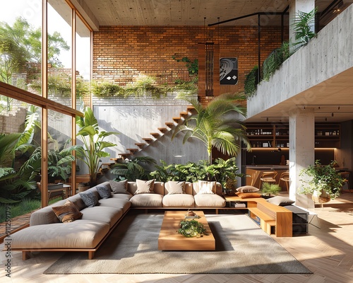 Realistic photography of modern Balinese loft interior