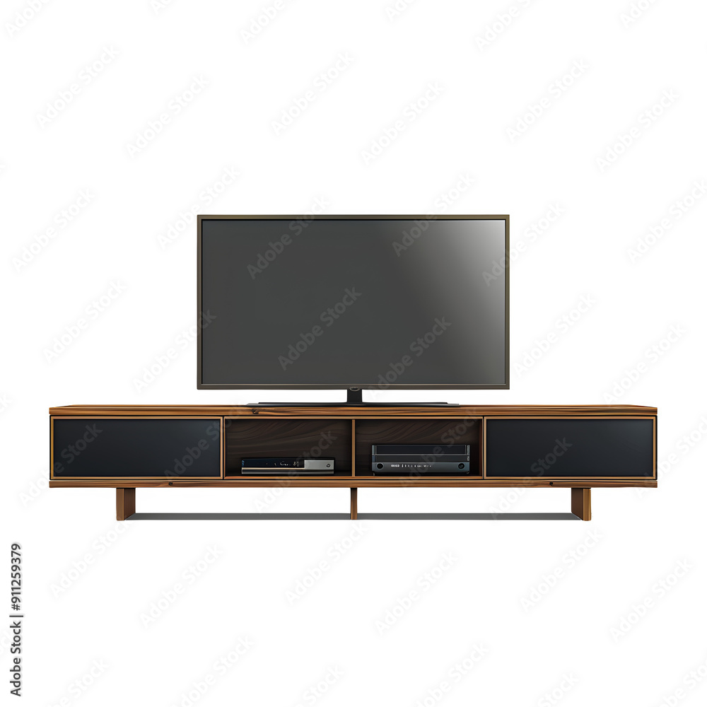 Stylish wood entertainment unit with flat screen tv on transparent background Stylish wood entertainment unit with flat screen tv on transparent background