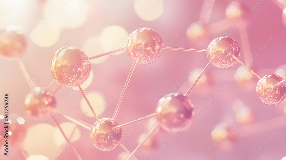Molecular structure, golden spheres connected by rods, soft pink tint overlay, close-up view, scientific illustration, 3D rendering, shallow depth of field, blurred background. Molecular structure, golden spheres connected by rods, soft pink tint overlay, close-up view, scientific illustration, 3D rendering, shallow depth of field, blurred background.