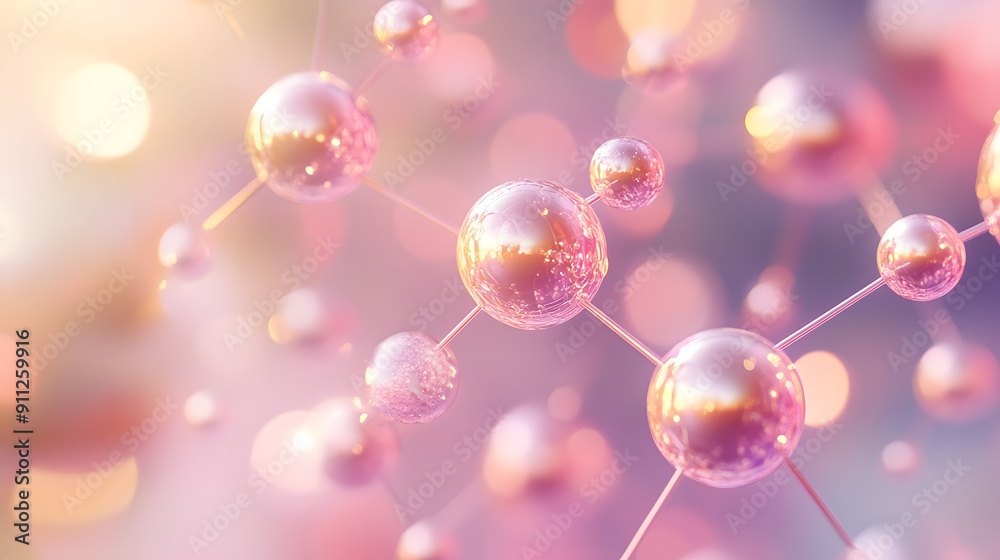 Molecular structure, golden spheres connected by rods, soft pink tint overlay, close-up view, scientific illustration, 3D rendering, shallow depth of field, blurred background. Molecular structure, golden spheres connected by rods, soft pink tint overlay, close-up view, scientific illustration, 3D rendering, shallow depth of field, blurred background.