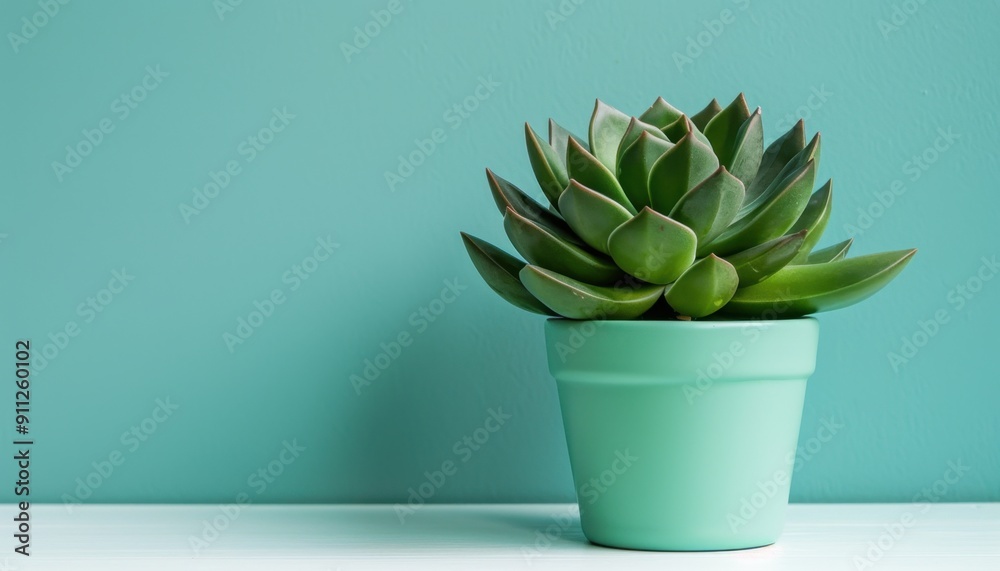 Beautiful Succulent Plant in a Mint Green Pot Against a Soft Turquoise Background Beautiful Succulent Plant in a Mint Green Pot Against a Soft Turquoise Background