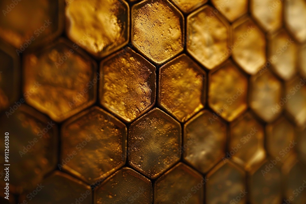 Close-up of a honeycomb revealing its detailed hexagonal pattern in rich golden tones Close-up of a honeycomb revealing its detailed hexagonal pattern in rich golden tones