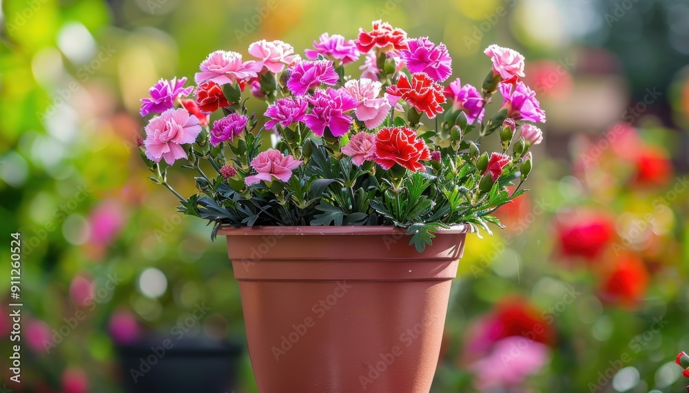 Colorful Potted Flowers Blooming in a Vibrant Garden During Sunny Spring Day Colorful Potted Flowers Blooming in a Vibrant Garden During Sunny Spring Day