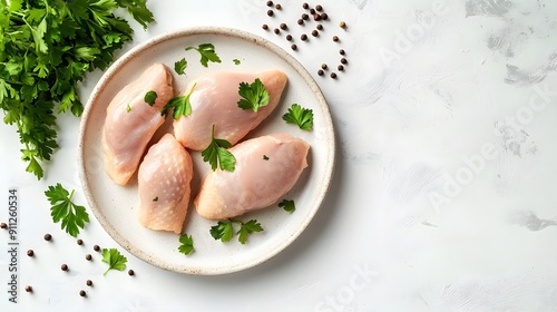 Raw chicken breasts, white marble countertop, ceramic plate, fresh parsley garnish, peppercorns scattered, culinary composition, soft natural lighting, food photography. photo