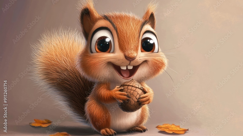 Cute big-eyed squirrel cartoon smiling and holding an acorn, looking playful and happy Cute big-eyed squirrel cartoon smiling and holding an acorn, looking playful and happy