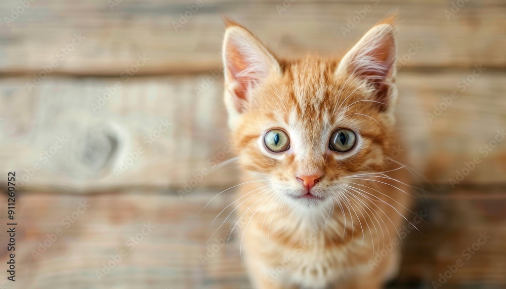 Curious Orange Tabby Kitten Gazing Upward on Wooden Surface in Early Morning Light Curious Orange Tabby Kitten Gazing Upward on Wooden Surface in Early Morning Light
