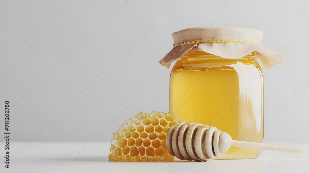 Pack shot of honey jar with wooden dipper on a white background