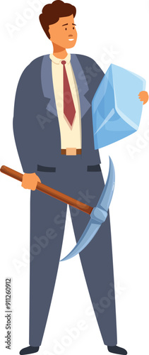 Businessman is holding a pickaxe and a large diamond, representing the concept of extracting value