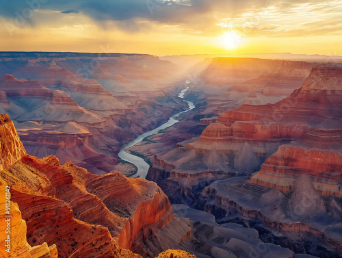 The sun is setting over the Grand Canyon, casting a warm glow over the landscape. The river runs through the canyon, creating a serene and peaceful atmosphere photo