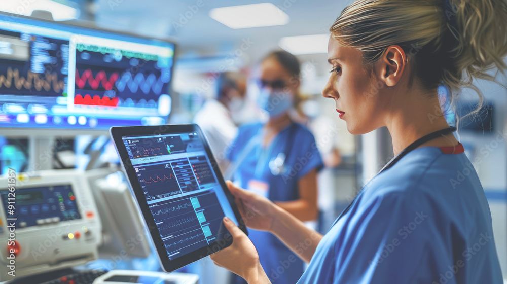 Fototapeta premium Medical experts check health using tablets.