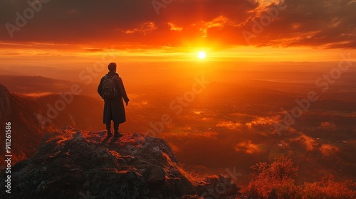 Man on Mountaintop at Sunrise, Looking at Horizon