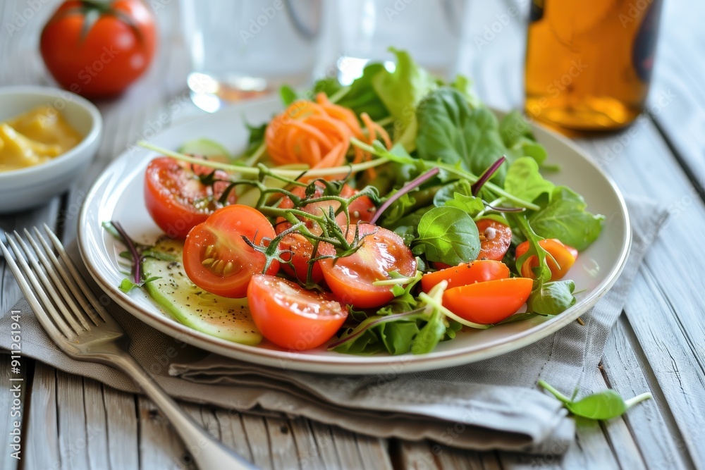 Fresh salad with ripe tomatoes, greens, and colorful veggies on a rustic wooden table, perfect for healthy eating.