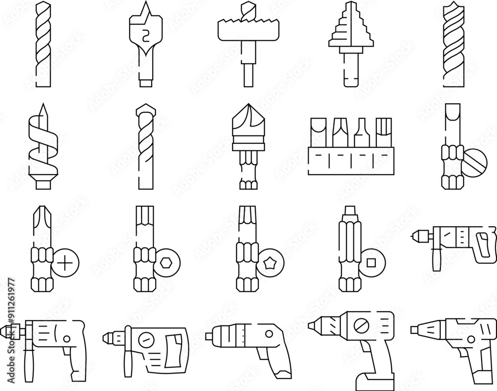 Fototapeta premium drill equipment construction icons set vector. machine power, industry work, industrial tool, drilling electric technology, repair drill equipment construction black contour illustrations