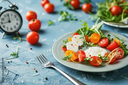 Fresh salad with cherry tomatoes and greens on a blue table, perfect for a healthy meal or culinary inspiration.