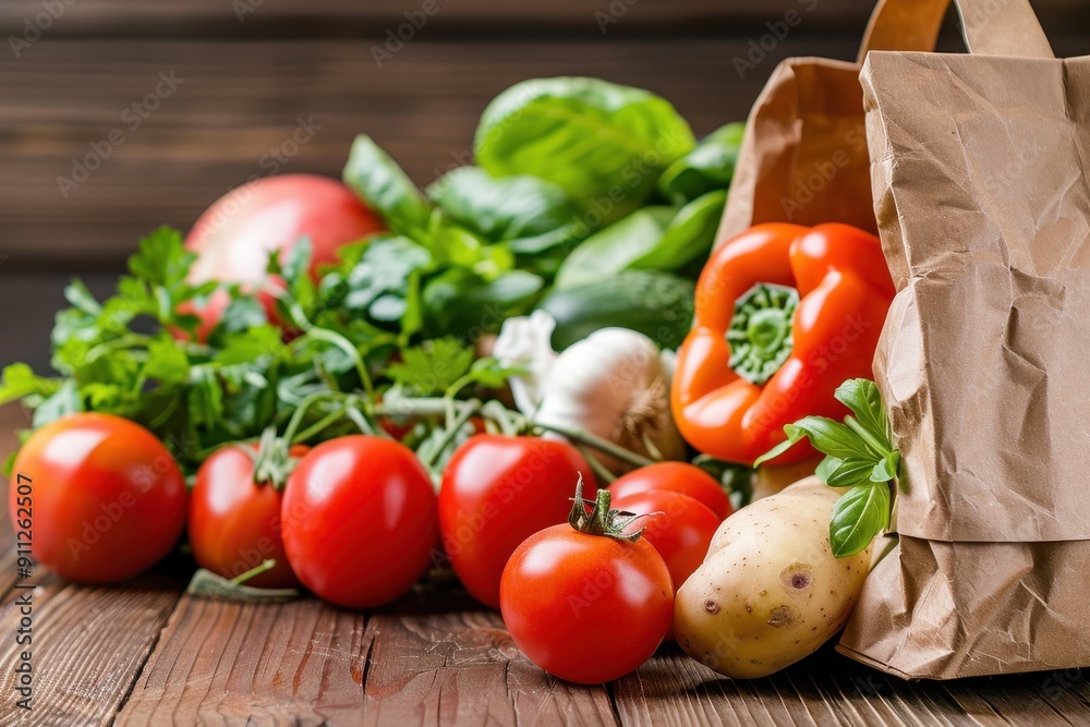 Fresh vegetables arranged creatively with a paper bag on a rustic wooden table, perfect for healthy meal ideas and recipes. Fresh vegetables arranged creatively with a paper bag on a rustic wooden table, perfect for healthy meal ideas and recipes.