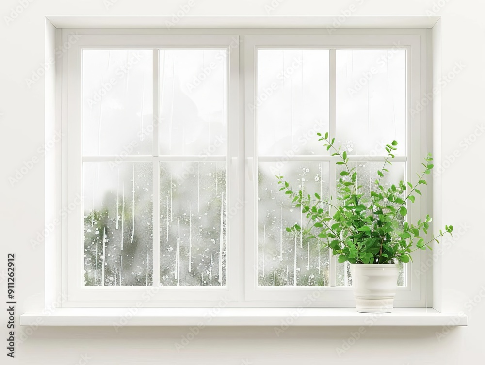 Fototapeta premium Hailstorm through window, indoor perspective, realistic rendering, clear view, isolated on white background