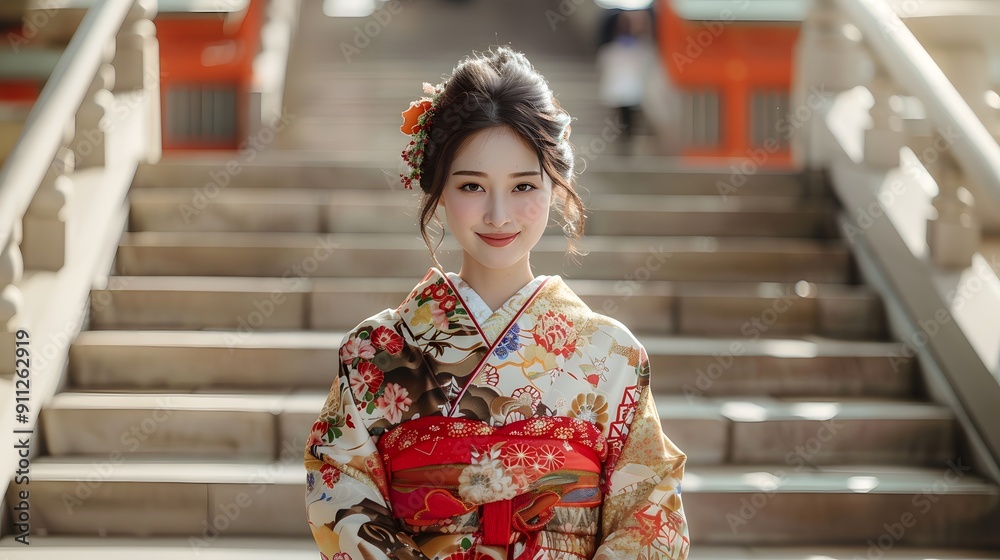 Woman in traditional Japanese kimono on a staircase Woman in traditional Japanese kimono on a staircase