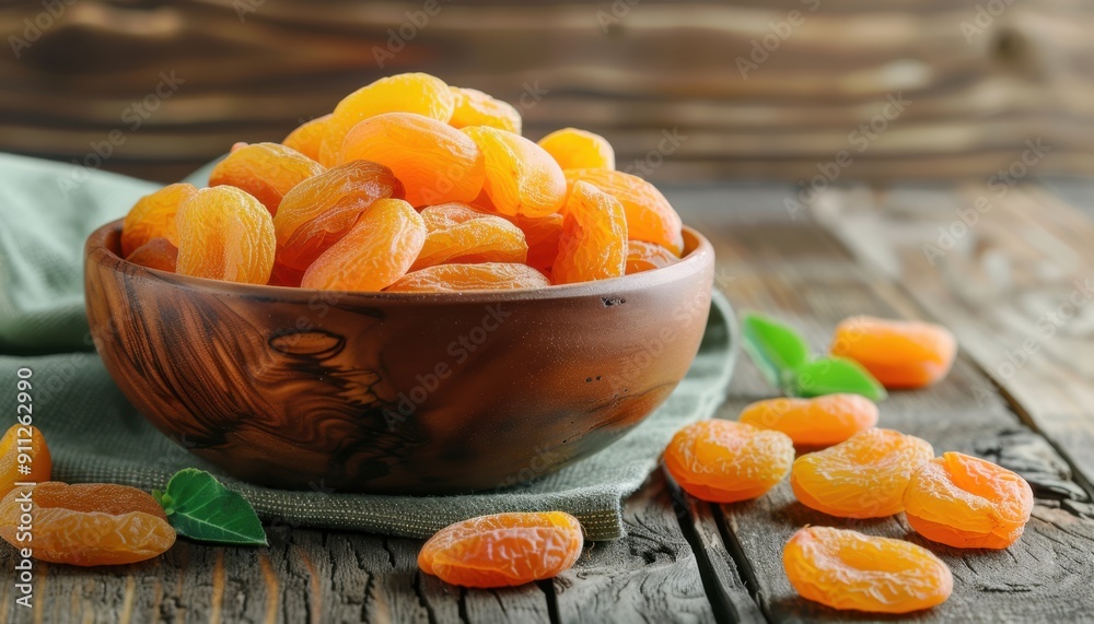 Brightly Colored Dried Apricots in a Wooden Bowl on a Rustic Table Brightly Colored Dried Apricots in a Wooden Bowl on a Rustic Table