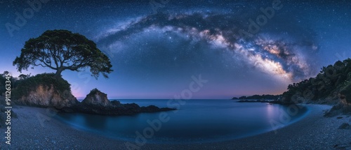 An ultra-wide image of a serene beach at night, with a clear view of the Milky Way arching over a distinct lone tree on a rugged peninsula