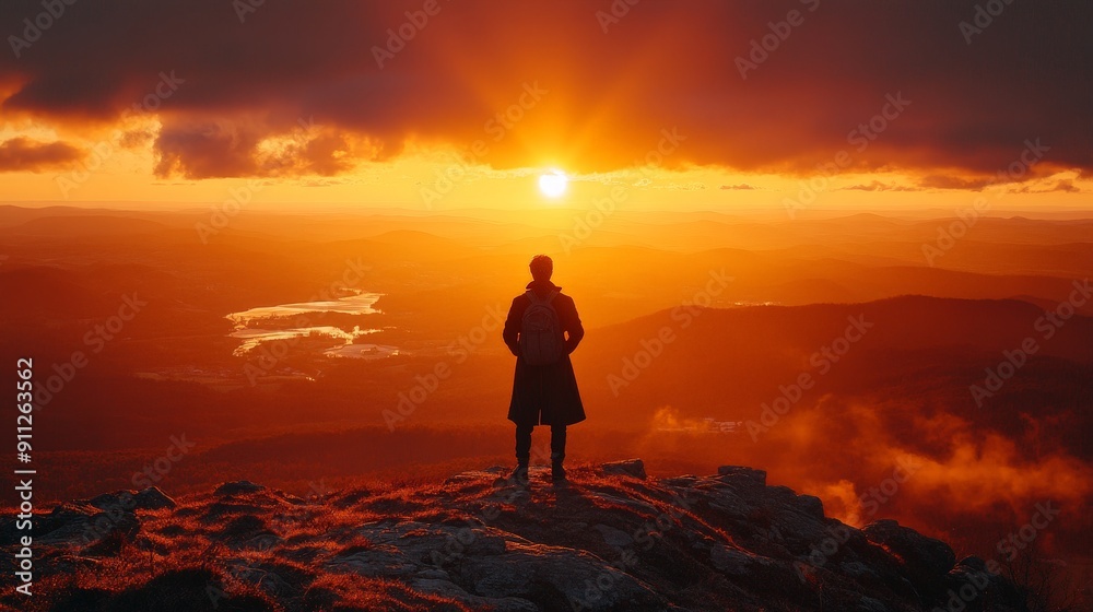Man on Mountaintop at Sunrise, Looking at Horizon Man on Mountaintop at Sunrise, Looking at Horizon