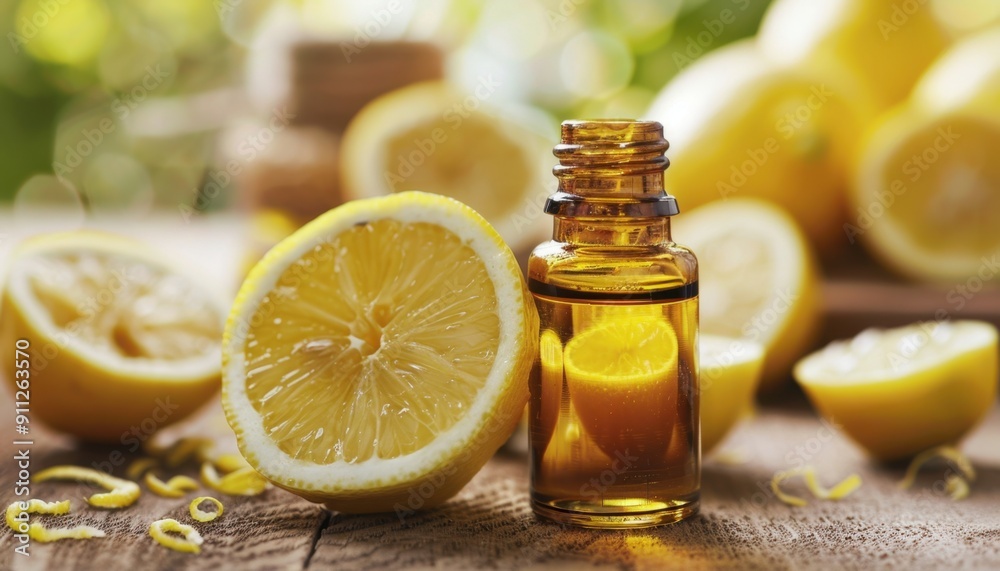 Freshly Squeezed Lemon Halves Next to Bottle of Essential Oil on Wooden Surface Freshly Squeezed Lemon Halves Next to Bottle of Essential Oil on Wooden Surface