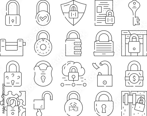 padlock lock safe password icons set vector. privacy secure, security protection, internet element, web keyhole, system padlock lock safe password black contour illustrations