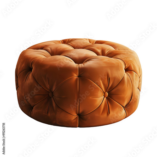 Elegant, tufted leather pouf in a classic design isolated on a transparent backdrop