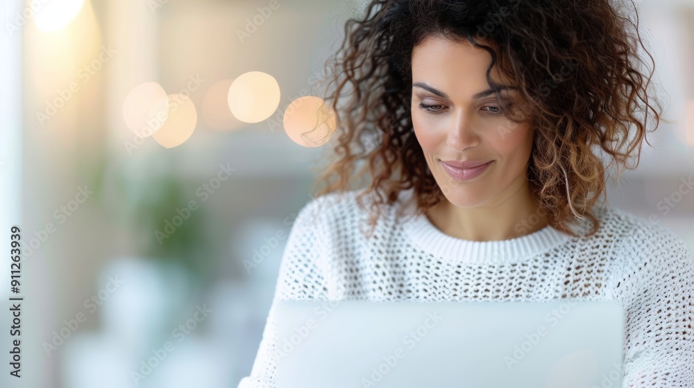 A professional woman, with a slight smile, reviewing her follow-up email draft on a computer A professional woman, with a slight smile, reviewing her follow-up email draft on a computer