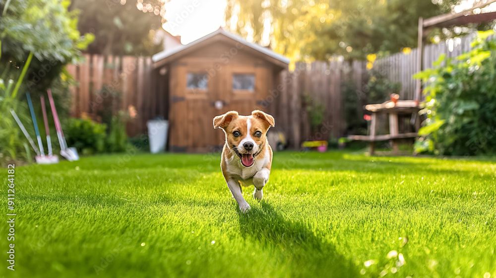 A joyful and exuberant dog happily runs across a vibrant green lawn, surrounded on all sides by a serene and colorful garden and a quaint wooden shed A joyful and exuberant dog happily runs across a vibrant green lawn, surrounded on all sides by a serene and colorful garden and a quaint wooden shed