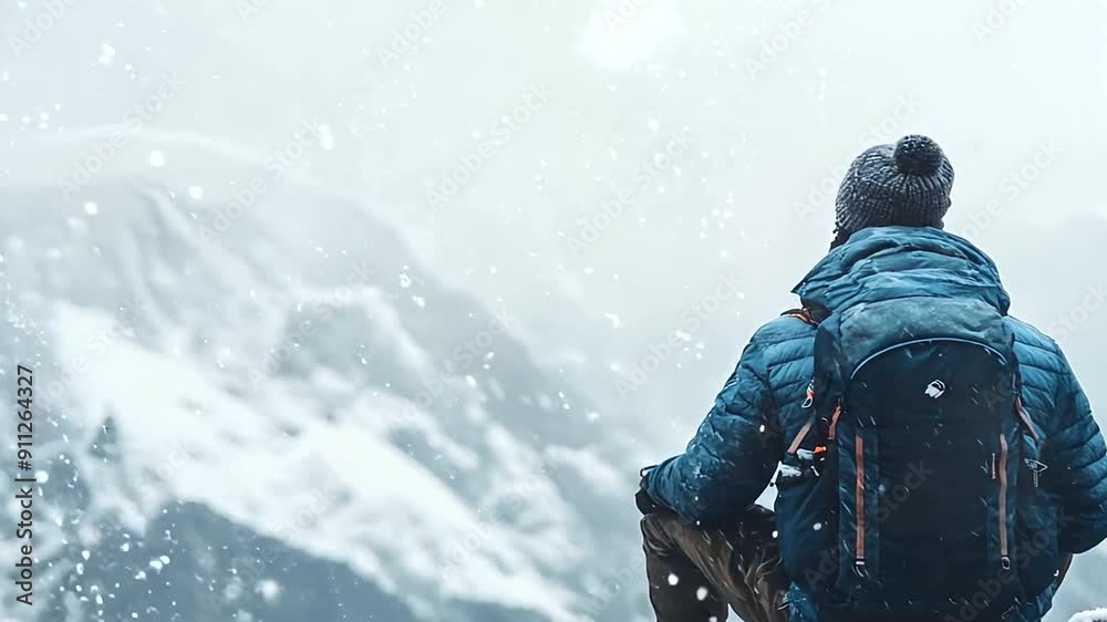 Rearview of Man Wearing Backpack, Sitting on Rocky Mountain Top Cliff Edge in Winter with Snow Falling, Snowstorm - Freezing Cold Weather, Foggy Ice Range, Extreme Hiking Adventure Rearview of Man Wearing Backpack, Sitting on Rocky Mountain Top Cliff Edge in Winter with Snow Falling, Snowstorm - Freezing Cold Weather, Foggy Ice Range, Extreme Hiking Adventure
