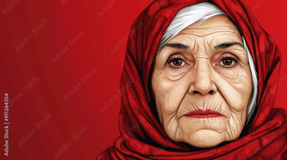 Illustration of an Elderly Woman with Red Background