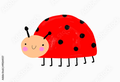 Cute Hand Drawn Ladybug. Vector Illustrations with Smiling Ladybird. Happy Ladybug on a White Background. Simple Nursery Art ideal for Wall Art, Card, Poster. Kids' Room Decoration.