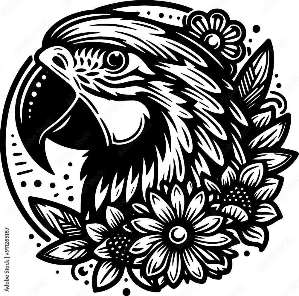 Fototapeta premium realistic black and white parote, head drawing silhouette, round folwer, art prints, parrot vector illustration