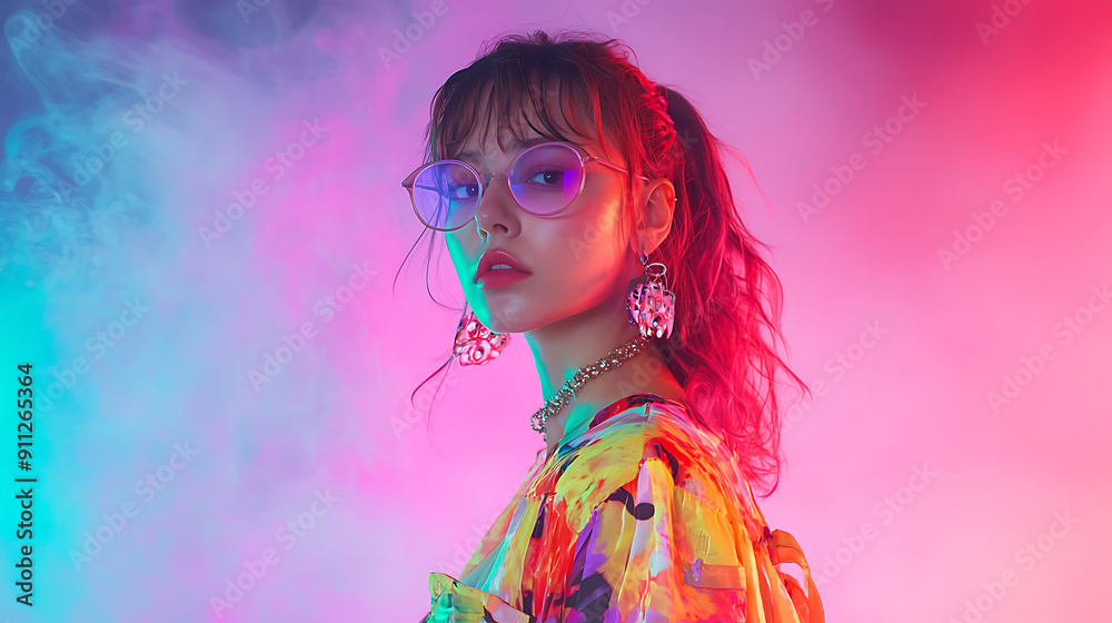 A stunning ultra-realistic photograph of a cute  woman kawaii against a vivid pink, yellow and blue smoky background