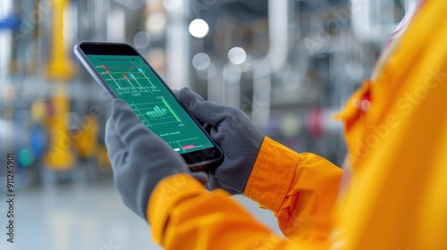 A safety officer in a chemical plant, checking for leaks with a handheld detector