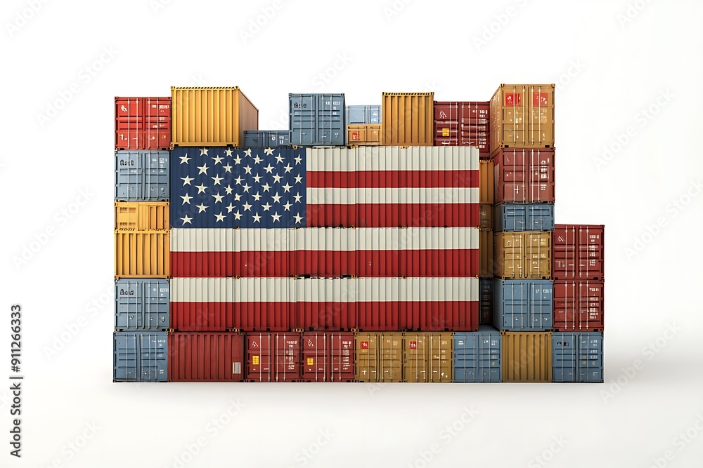Obraz premium 3D Illustration of Cargo Container with USA Flag isolated on white background. Delivery, transportation,