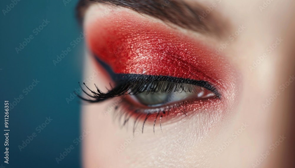 Close-Up View of Bold Red Eye Makeup and Dramatic Eyeliner on Model Close-Up View of Bold Red Eye Makeup and Dramatic Eyeliner on Model